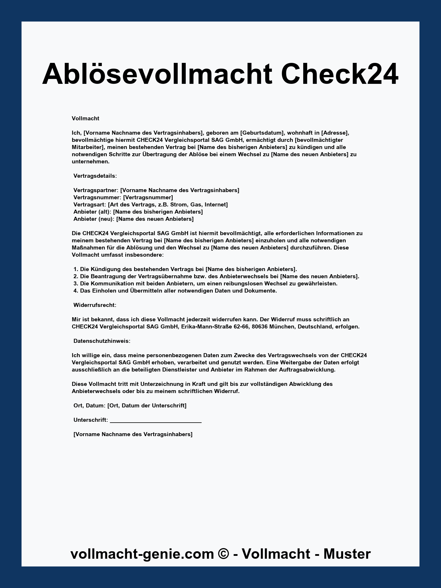 Ablösevollmacht Vorlage Check24