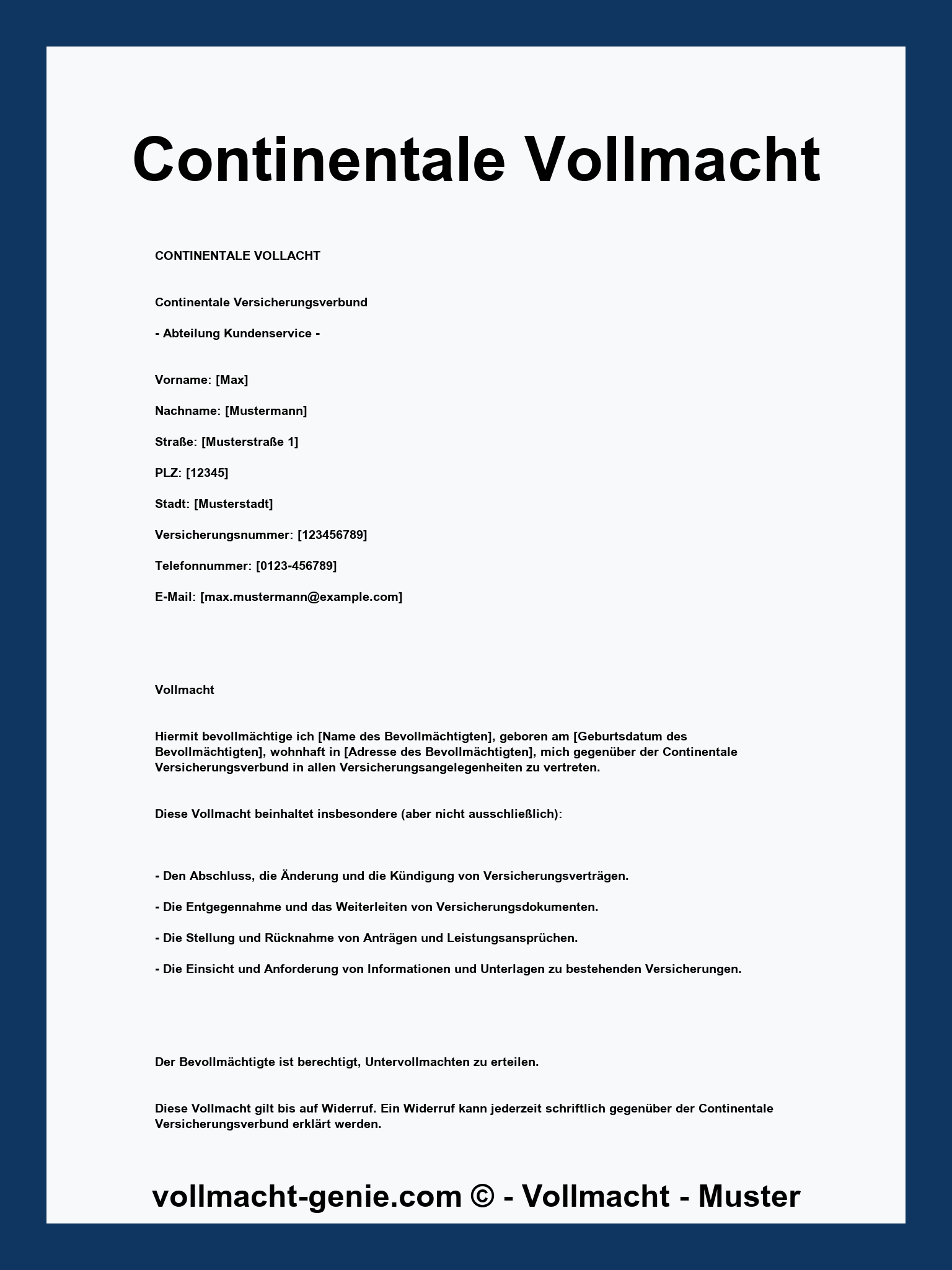 Continentale Vollmacht Formular