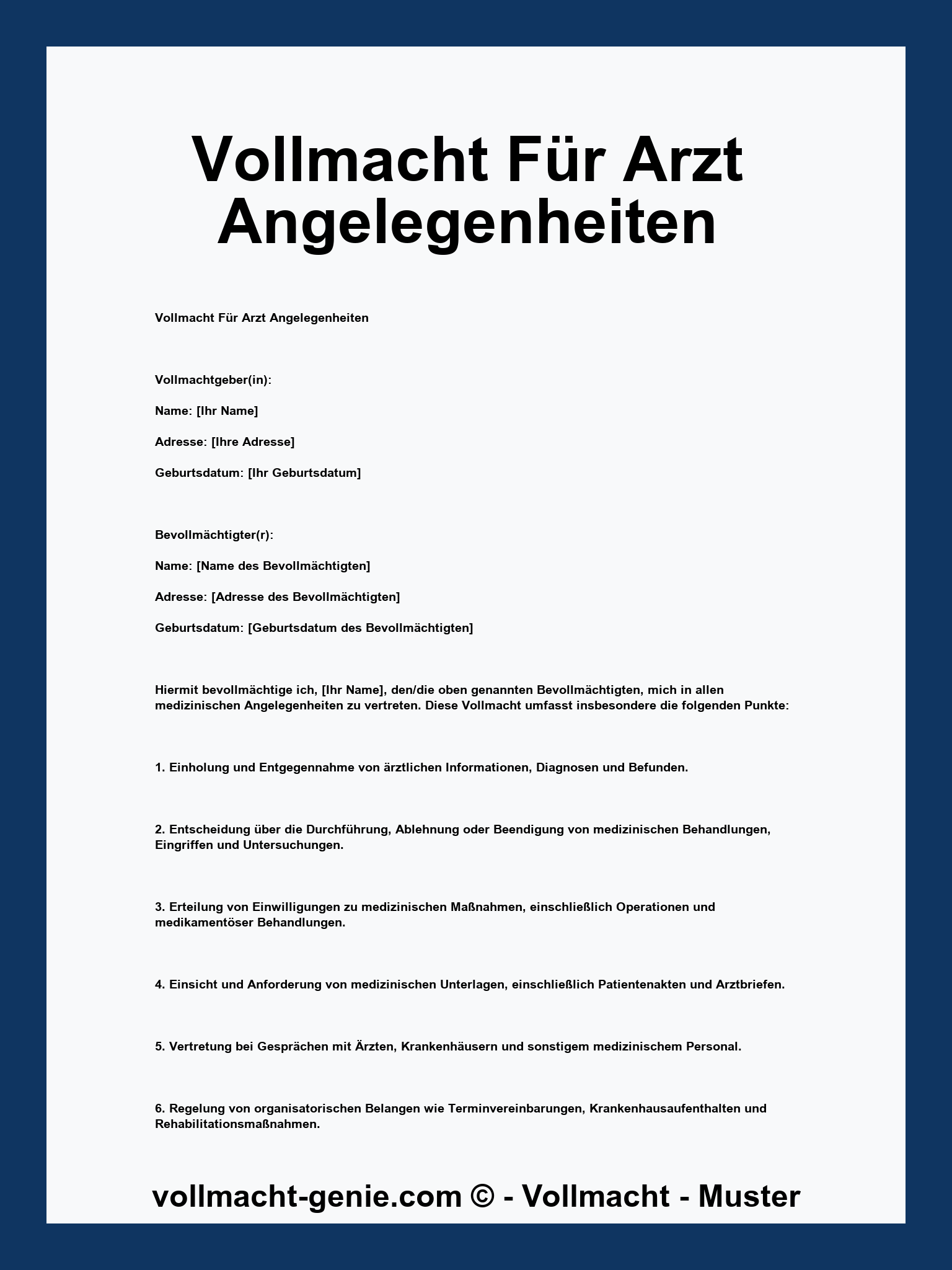 Vollmacht Für Arzt Angelegenheiten - WORD