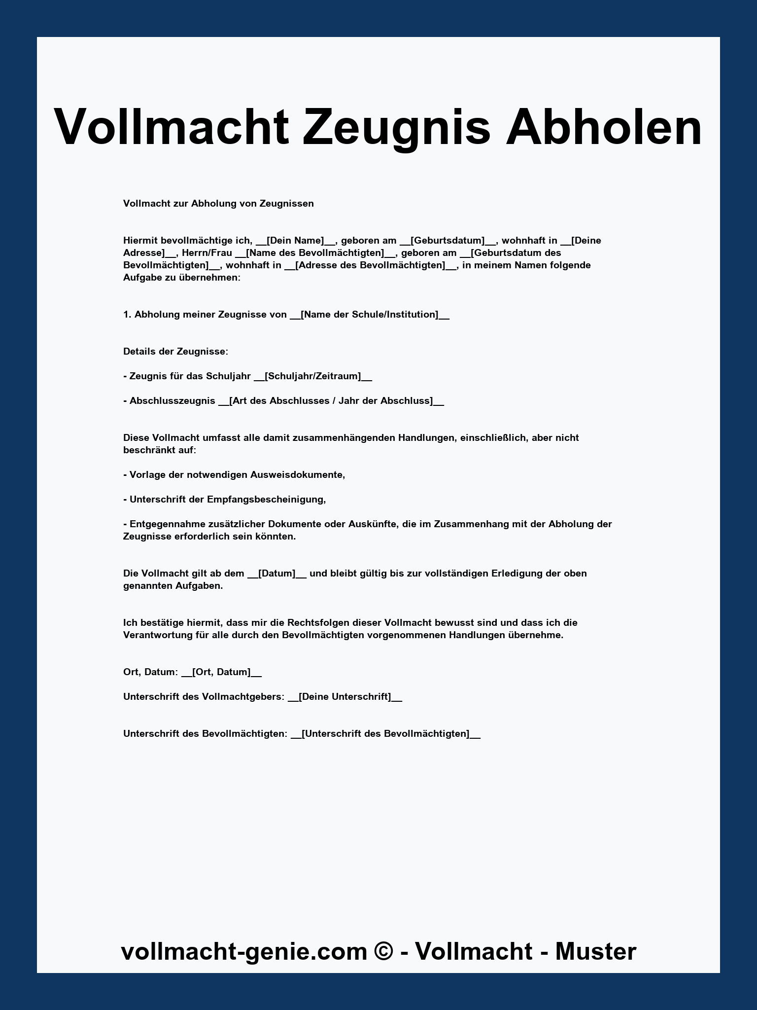 Vollmacht Zeugnis Abholen - WORD